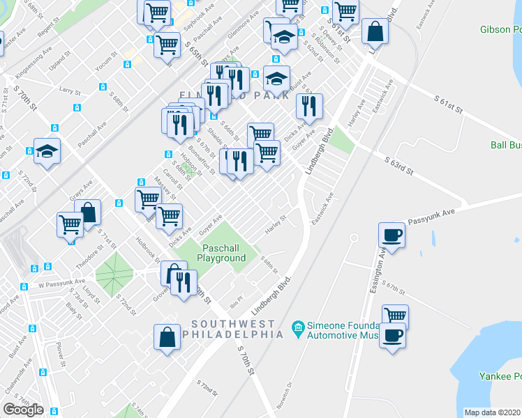 map of restaurants, bars, coffee shops, grocery stores, and more near South 67th Street & Grovers Avenue in Philadelphia