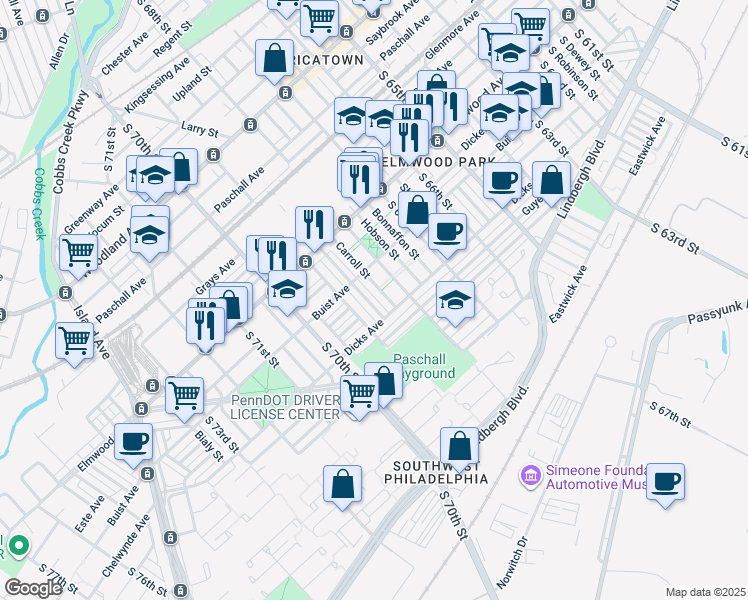 map of restaurants, bars, coffee shops, grocery stores, and more near 2635 Massey Street in Philadelphia