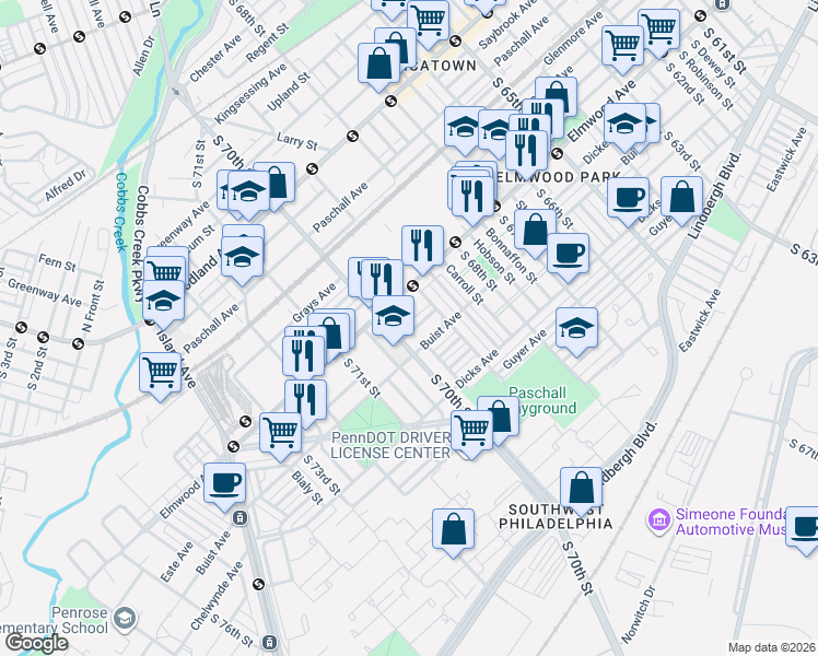 map of restaurants, bars, coffee shops, grocery stores, and more near 6933 Buist Avenue in Philadelphia