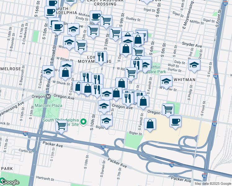 map of restaurants, bars, coffee shops, grocery stores, and more near 2617 South Darien Street in Philadelphia