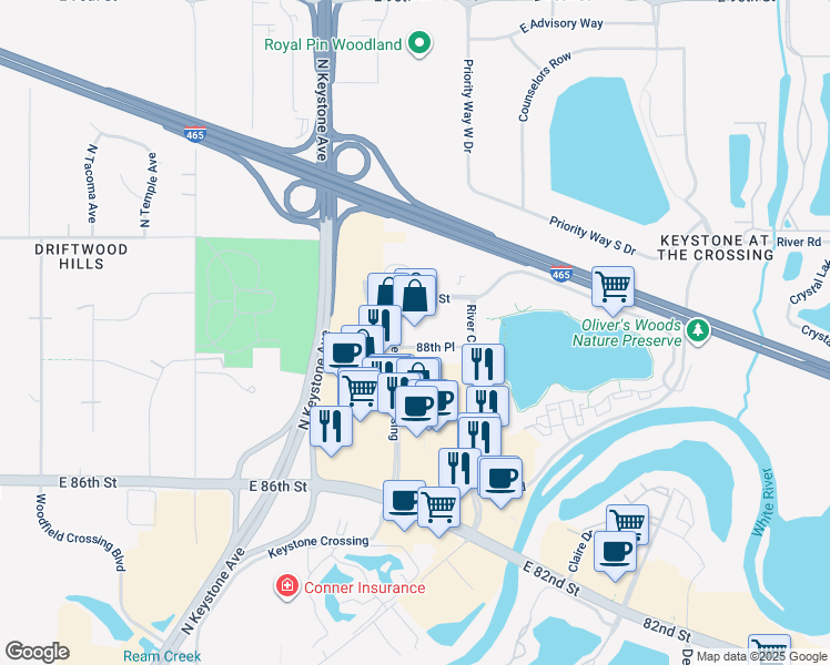 map of restaurants, bars, coffee shops, grocery stores, and more near 8888 Keystone Crossing in Indianapolis