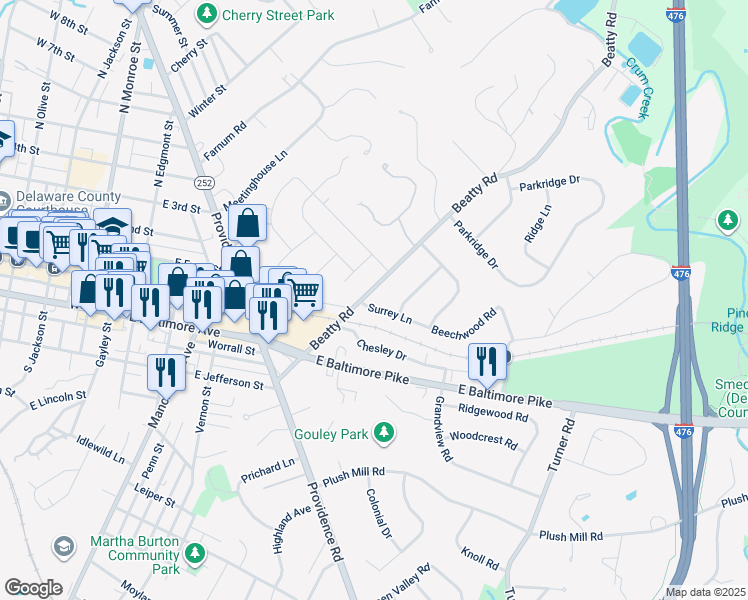 map of restaurants, bars, coffee shops, grocery stores, and more near 837 Surrey Road in Media