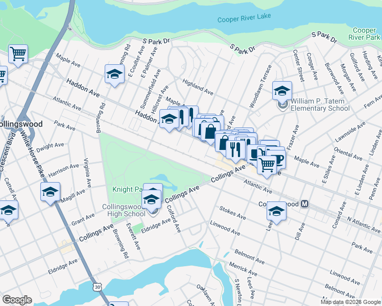 map of restaurants, bars, coffee shops, grocery stores, and more near 17 West Knight Avenue in Collingswood