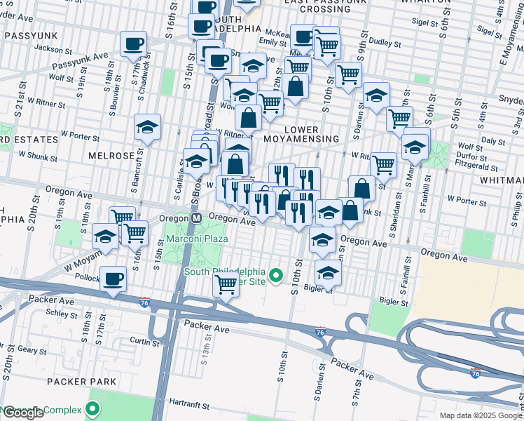 map of restaurants, bars, coffee shops, grocery stores, and more near 2632 South Sartain Street in Philadelphia