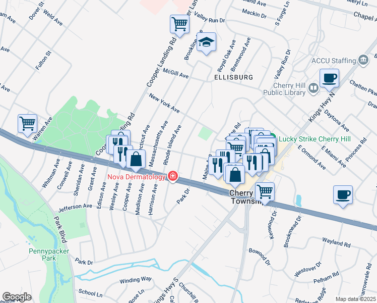 map of restaurants, bars, coffee shops, grocery stores, and more near 406 Pennsylvania Avenue in Cherry Hill