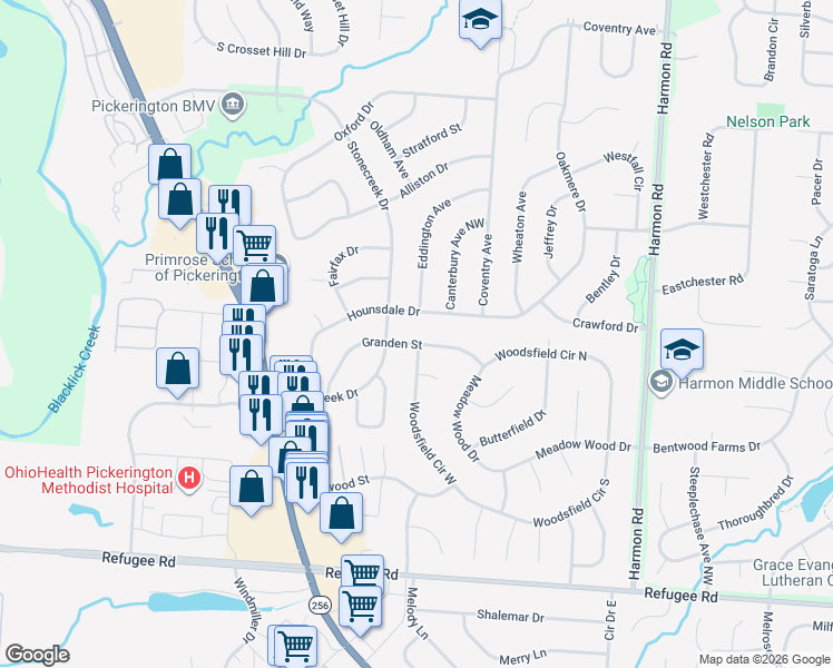 map of restaurants, bars, coffee shops, grocery stores, and more near 12357 Woodsfield Circle West in Pickerington