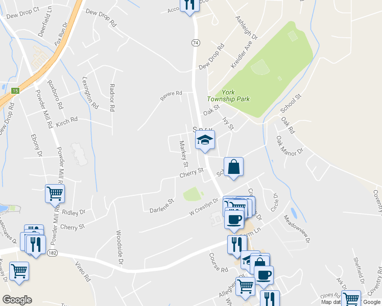map of restaurants, bars, coffee shops, grocery stores, and more near 2429 Arlington Street in York