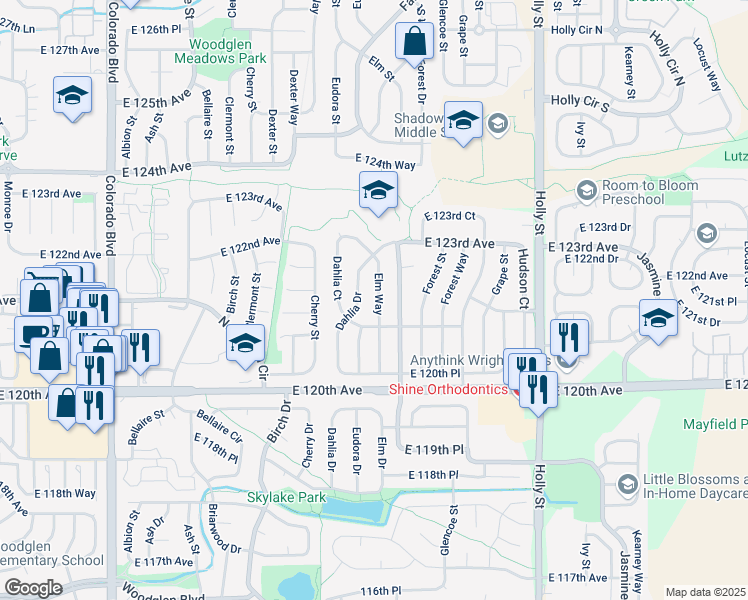 map of restaurants, bars, coffee shops, grocery stores, and more near 12142 Dahlia Drive in Thornton