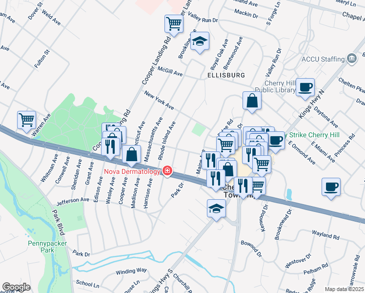 map of restaurants, bars, coffee shops, grocery stores, and more near 406 Pennsylvania Avenue in Cherry Hill