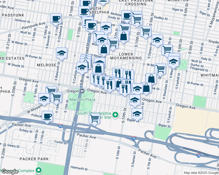 map of restaurants, bars, coffee shops, grocery stores, and more near 2632 South Sartain Street in Philadelphia