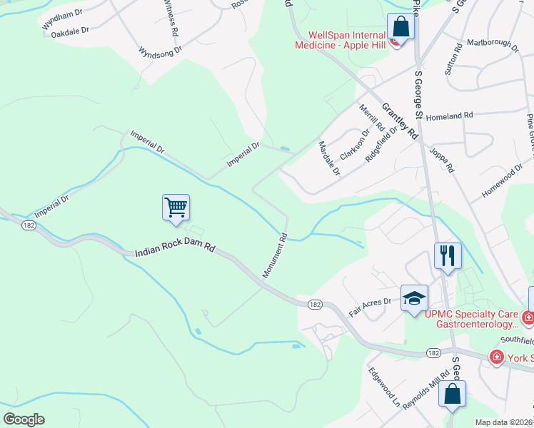 map of restaurants, bars, coffee shops, grocery stores, and more near 258 Monument Road in York