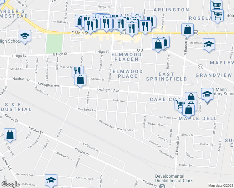 map of restaurants, bars, coffee shops, grocery stores, and more near 2020 Irwin Avenue in Springfield