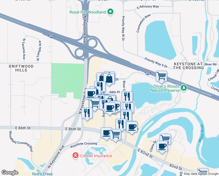 map of restaurants, bars, coffee shops, grocery stores, and more near 8888 Keystone Crossing in Indianapolis