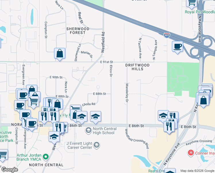 map of restaurants, bars, coffee shops, grocery stores, and more near 8809 Elrico Drive in Indianapolis