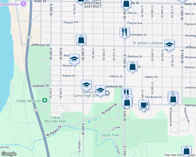 map of restaurants, bars, coffee shops, grocery stores, and more near 913 Jackson Street in Quincy