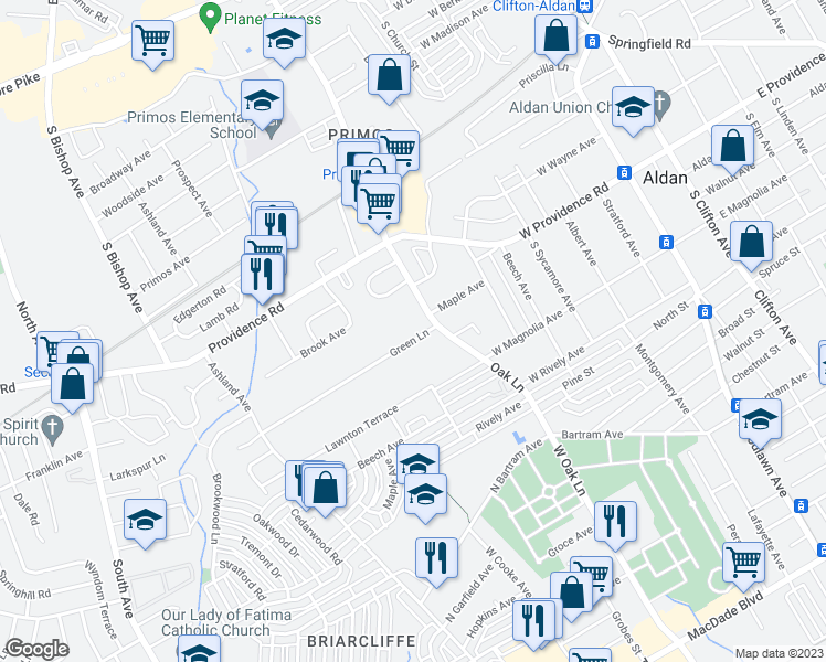 map of restaurants, bars, coffee shops, grocery stores, and more near 809 Green Lane in Delaware County