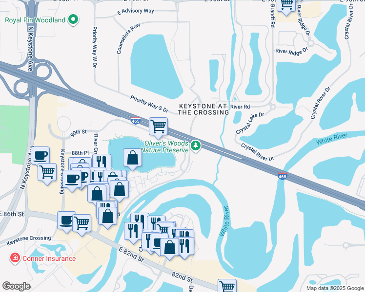 map of restaurants, bars, coffee shops, grocery stores, and more near 3925 River Crossing Parkway in Indianapolis