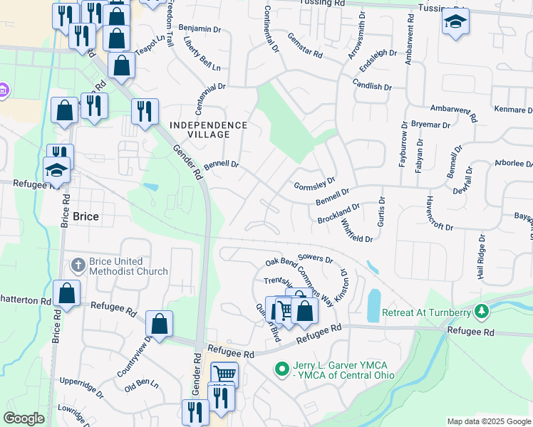 map of restaurants, bars, coffee shops, grocery stores, and more near 6763 Morehampton Court in Reynoldsburg