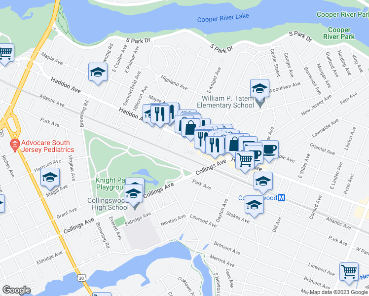 map of restaurants, bars, coffee shops, grocery stores, and more near 17 West Knight Avenue in Collingswood