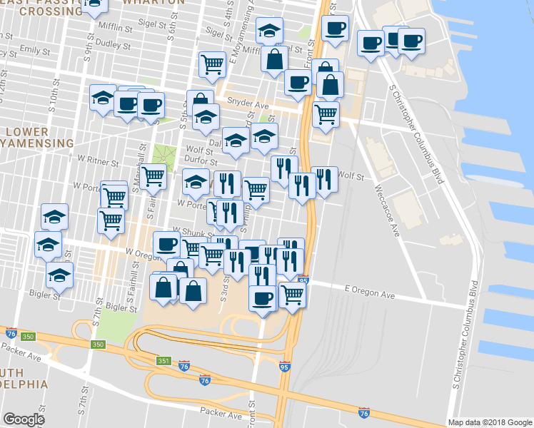 map of restaurants, bars, coffee shops, grocery stores, and more near 131 West Porter Street in Philadelphia