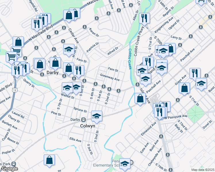 map of restaurants, bars, coffee shops, grocery stores, and more near 211 Main Street in Darby