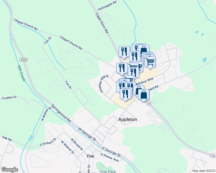 map of restaurants, bars, coffee shops, grocery stores, and more near 18 Steeple Avenue in Red Lion