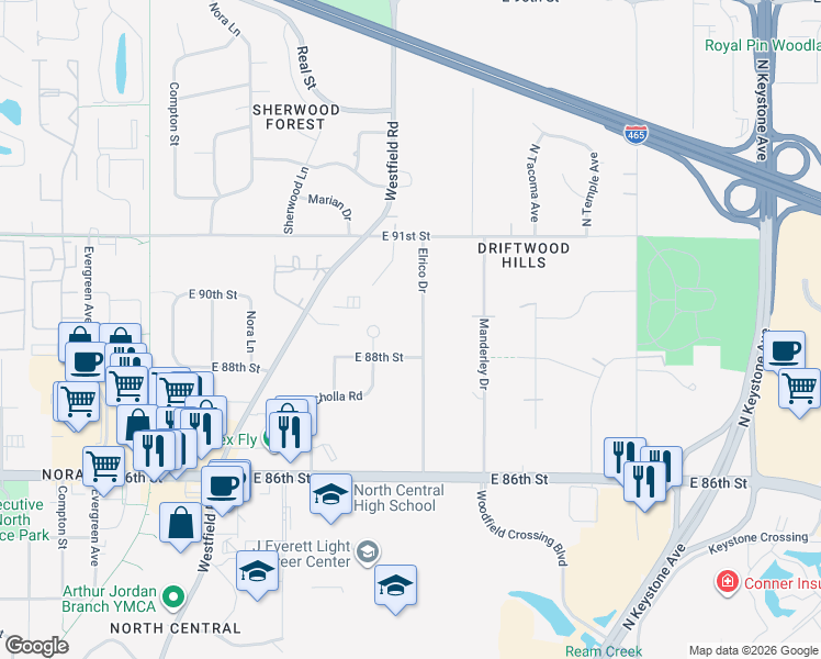 map of restaurants, bars, coffee shops, grocery stores, and more near 8809 Elrico Drive in Indianapolis