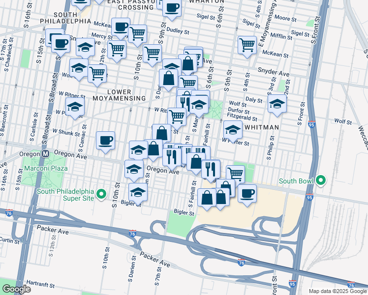 map of restaurants, bars, coffee shops, grocery stores, and more near 2544 South Sheridan Street in Philadelphia