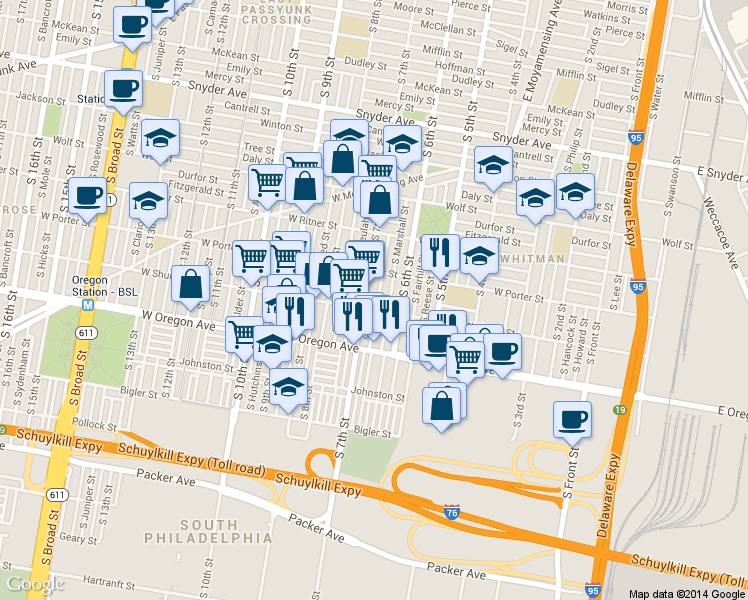 map of restaurants, bars, coffee shops, grocery stores, and more near 2544 South Sheridan Street in Philadelphia