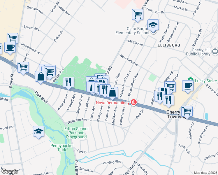 map of restaurants, bars, coffee shops, grocery stores, and more near 900 Township Lane in Cherry Hill