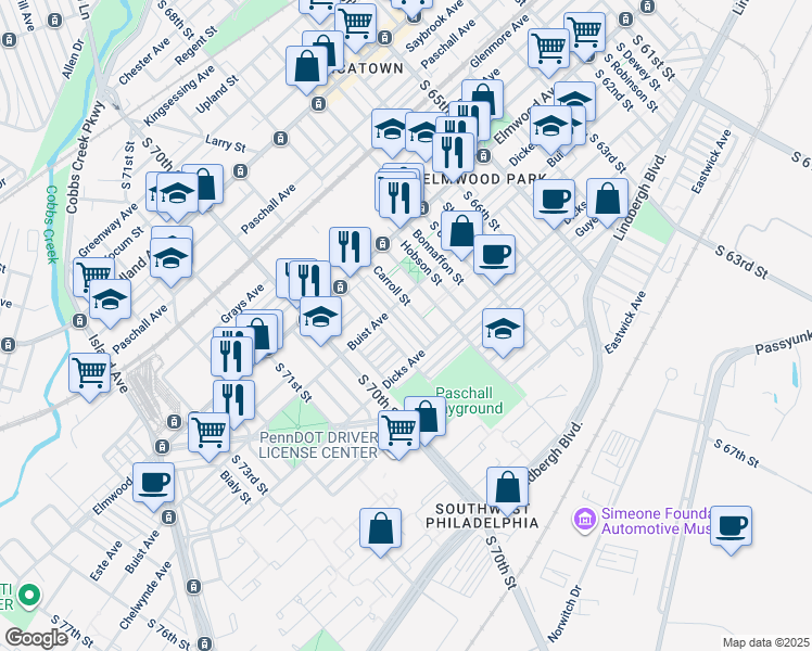 map of restaurants, bars, coffee shops, grocery stores, and more near 2647 Massey Street in Philadelphia