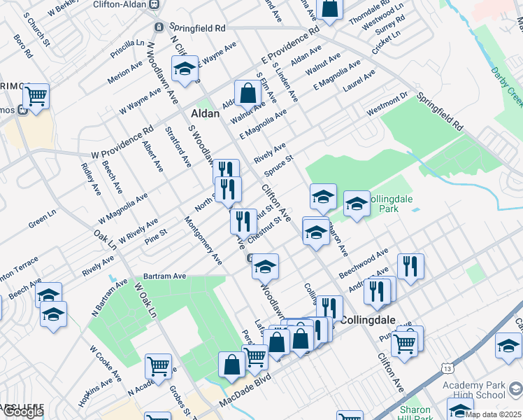 map of restaurants, bars, coffee shops, grocery stores, and more near 819 Walnut Street in Collingdale