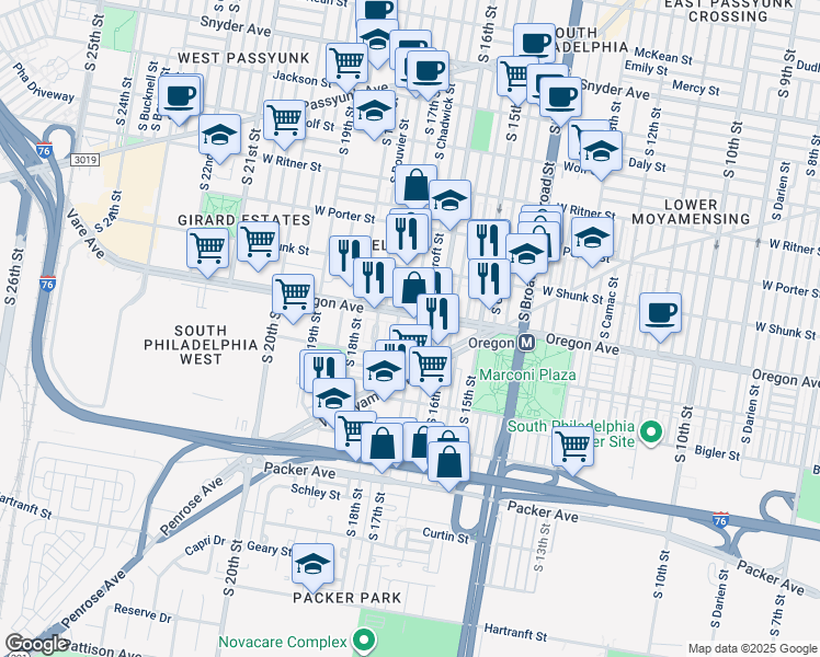 map of restaurants, bars, coffee shops, grocery stores, and more near 2710 South Smedley Street in Philadelphia