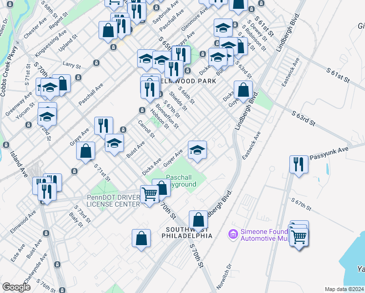 map of restaurants, bars, coffee shops, grocery stores, and more near 6747 Guyer Avenue in Philadelphia