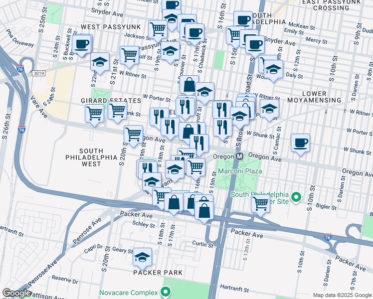 map of restaurants, bars, coffee shops, grocery stores, and more near 2710 South Smedley Street in Philadelphia