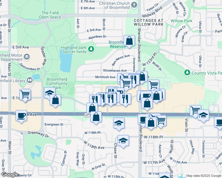 map of restaurants, bars, coffee shops, grocery stores, and more near 12171 Sheridan Boulevard in Broomfield
