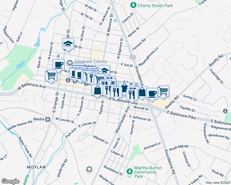 map of restaurants, bars, coffee shops, grocery stores, and more near 201 East Baltimore Avenue in Media