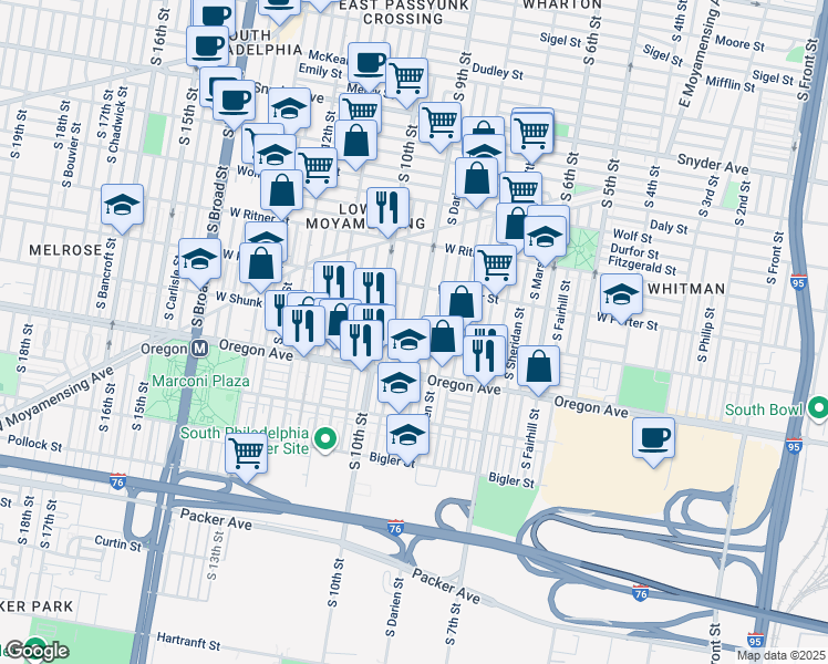 map of restaurants, bars, coffee shops, grocery stores, and more near 2600 South 9th Street in Philadelphia