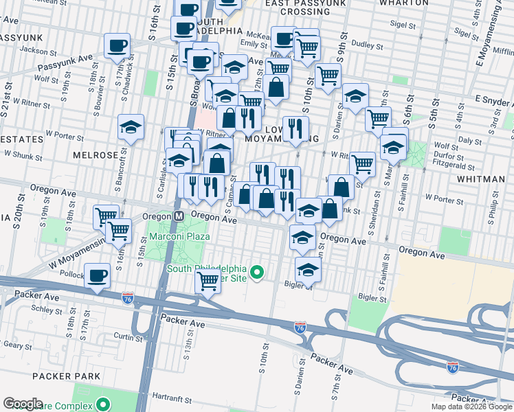 map of restaurants, bars, coffee shops, grocery stores, and more near 2649 South Jessup Street in Philadelphia
