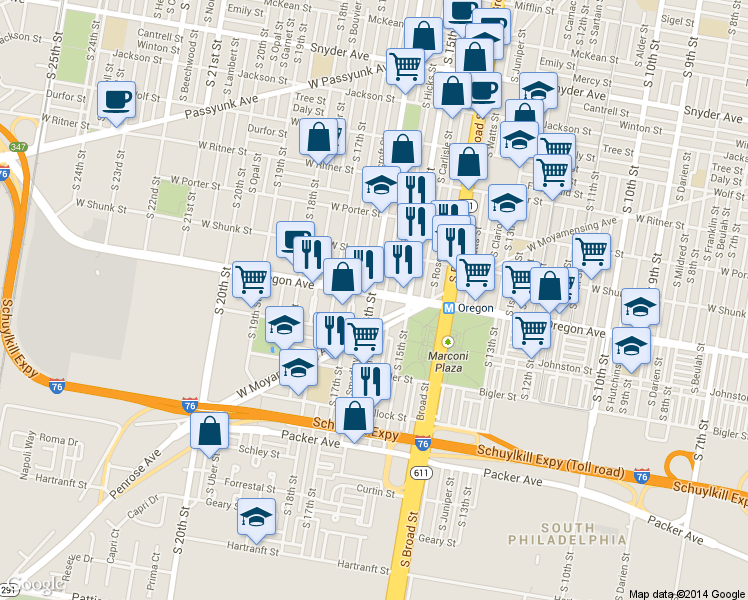 map of restaurants, bars, coffee shops, grocery stores, and more near 2723 South Mole Street in Philadelphia