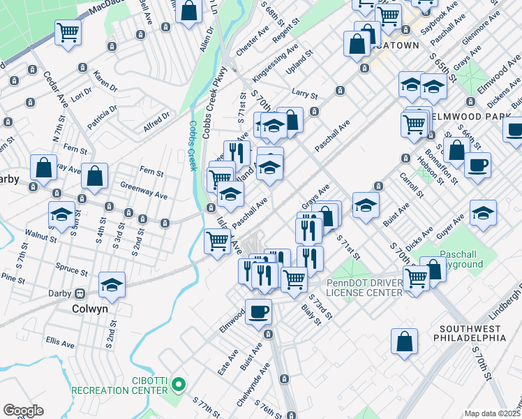 map of restaurants, bars, coffee shops, grocery stores, and more near 2311 Lloyd Street in Philadelphia