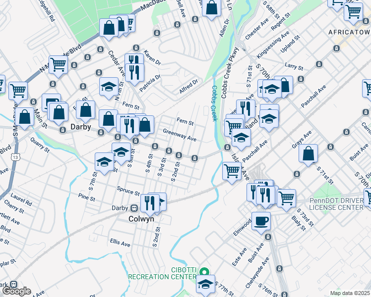 map of restaurants, bars, coffee shops, grocery stores, and more near 124 Main Street in Darby