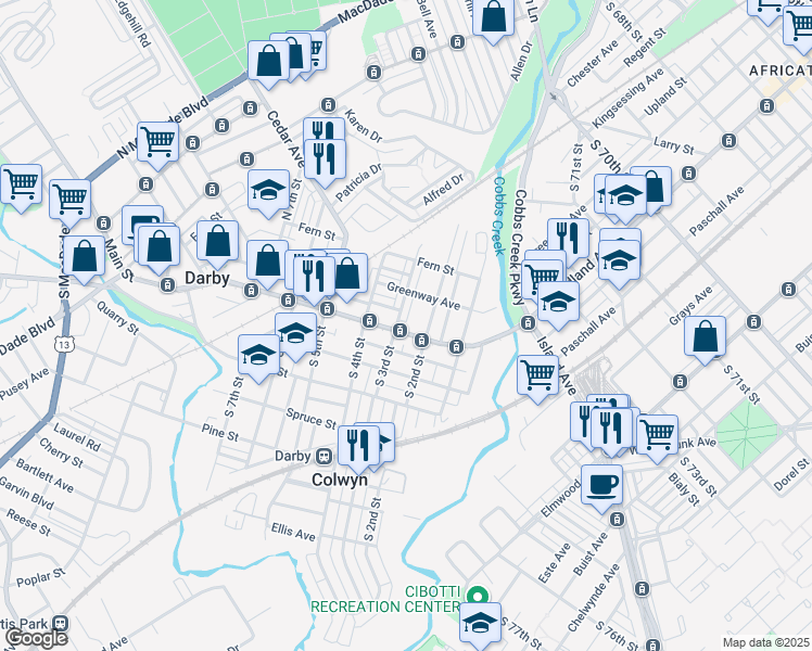 map of restaurants, bars, coffee shops, grocery stores, and more near 124 Main Street in Darby
