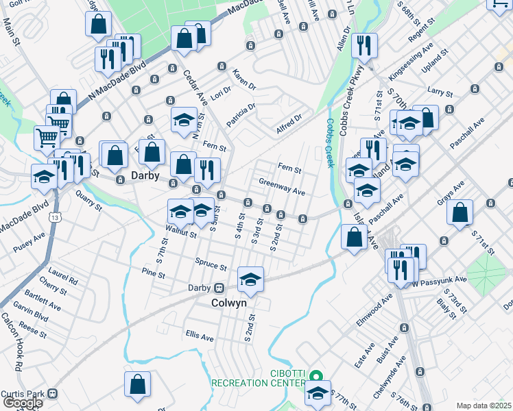 map of restaurants, bars, coffee shops, grocery stores, and more near 8 South 3rd Street in Darby