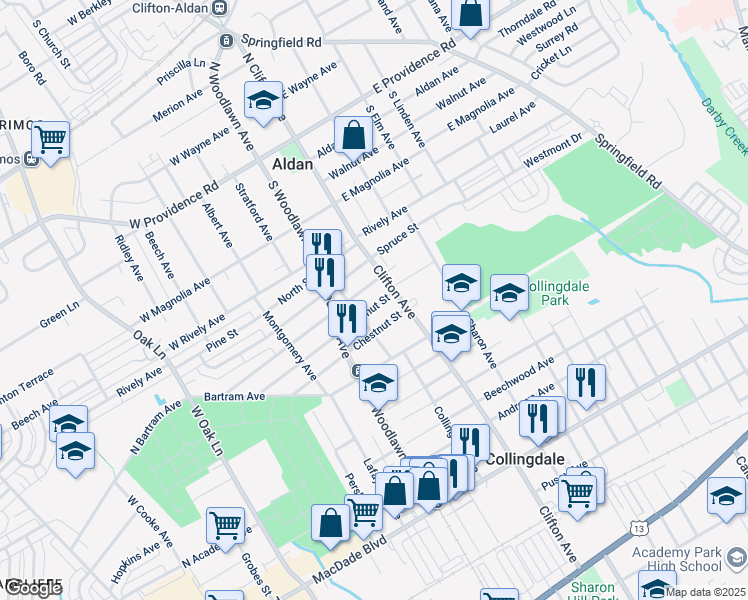map of restaurants, bars, coffee shops, grocery stores, and more near 819 Walnut Street in Collingdale