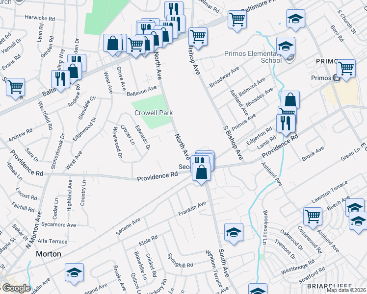 map of restaurants, bars, coffee shops, grocery stores, and more near Secane Road in Clifton Heights