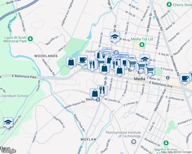 map of restaurants, bars, coffee shops, grocery stores, and more near 377 West Jefferson Street in Media