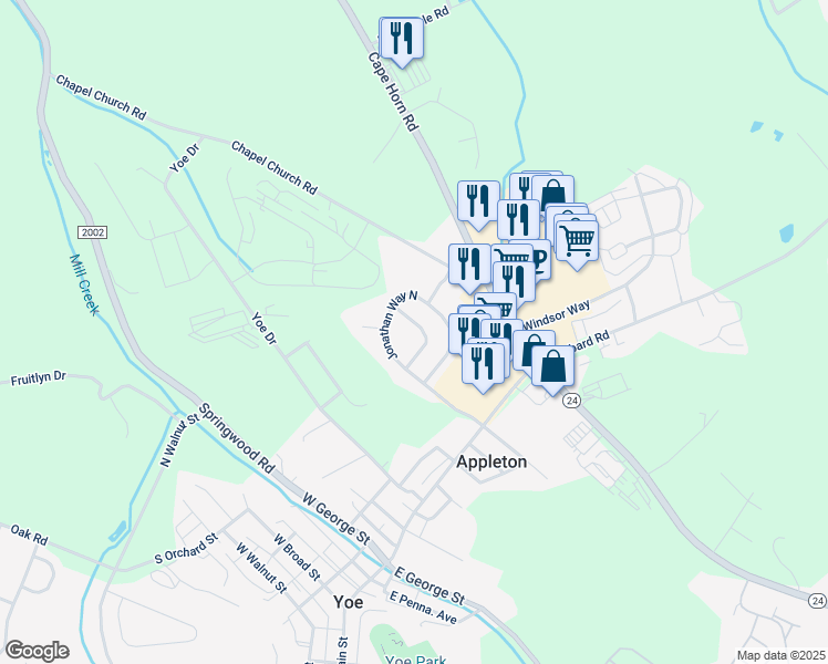 map of restaurants, bars, coffee shops, grocery stores, and more near 18 Steeple Avenue in Red Lion