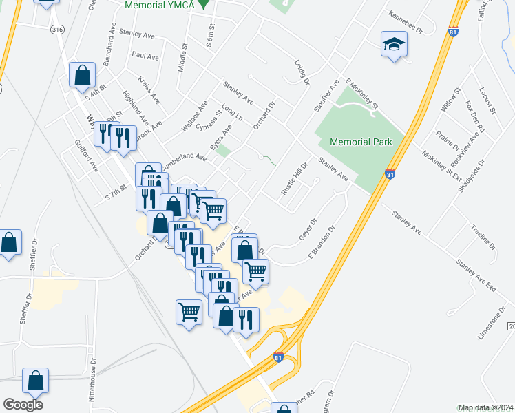 map of restaurants, bars, coffee shops, grocery stores, and more near 944 Stouffer Avenue in Chambersburg