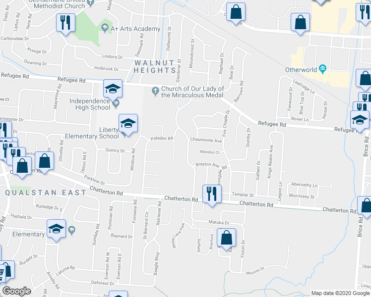 map of restaurants, bars, coffee shops, grocery stores, and more near 3047 Falcon Bridge Drive in Columbus
